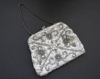 1940s Silver Beaded Evening Purse Handbag - Sequins Seed Beads - 2 Sided Purse Clutch Wristlet - Formal Semi Formal Affairs - Party Costume