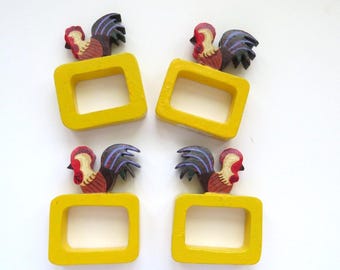 Wooden Rooster Napkin Rings - Set of 4 - Square Hand Painted Yellow with Roosters Chickens Napkin Holders - Farmhouse Country Table Setting