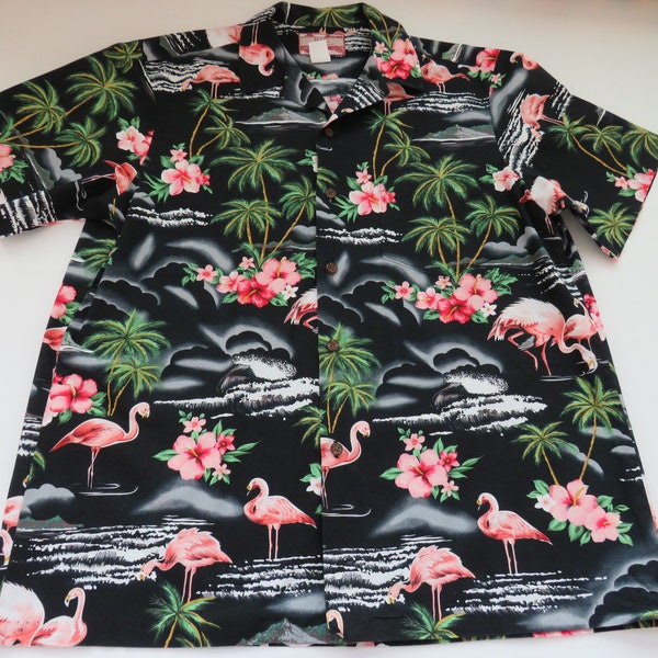 Vintage Flamingos Hawaiian Aloha Shirt by RJC - Size Large - Pink Flamingos Hibiscus Palm Trees Diamond Head on Black - Resort Wear - Gift