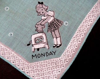 Vintage 1930s Days of The Week Childrens Handkerchief - MONDAY - Laundry Day - Pale Green Hankie - Collectible Hanky - Gift