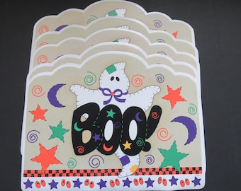 1980s Vintage Vinyl Halloween Placemats - Set of 6 - BOO Ghost Stars Moon Eyeballs - Childrens Kids Wipe Clean Table Mats - Gift