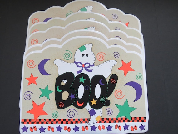 1980s Vintage Vinyl Halloween Placemats - Set of 6 - BOO Ghost Stars Moon Eyeballs - Childrens Kids Wipe Clean Table Mats - Gift