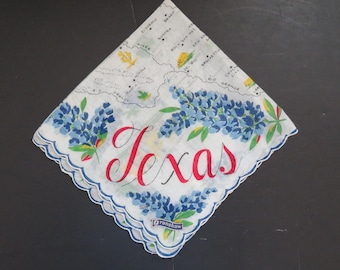 ヴィンテージ テキサス ハンカチ - オリジナル フランショー タグ - 州のお土産ハンカチ - テキサスの主要都市の地図とブルーベル - コレクターズアイテム