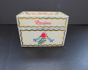 1970s Metal Recipe Card Box by Ohio Art Co - PA Dutch Hearts Flowers - Mid Century Modern - Folk Art Recipe Holder Address Keeper Storage