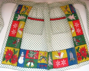 1950s Retro Christmas Half Apron - Sheer White Nylon Green Stars - Mid Century Holiday Icons - Chef Hostess Apron Holiday Entertaining  Gift