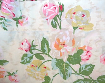 Full Double Flat Sheet by Wondercale Springmaid - Pink Yellow Roses on Beige - French Country Cottage Shabby Chic - Vintage Floral Bedding
