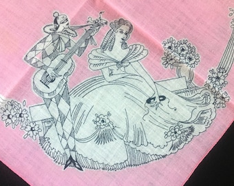 Masked Harlequin Cinderella Ball Mardi Gras Handkerchief - Southern Belle Masquerade Ball Pink Hanky - 1970s Vintage Novelty Hankie - Gift