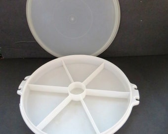 1960s Tupperware Lazy Susan Serving Tray with Lid - Clear 6 Compartment Condiment Tray - Appetizers Veggie Dip Tray Taco Night Food Storage