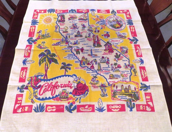 1950年代アメリカンヴィンテージテーブルクロス 1950 年代のビンテージカリフォルニア州地図のお土産テーブルクロス
