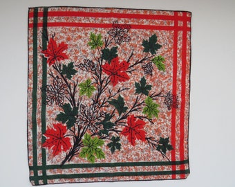 1950s Fall Maple Leaves Handkerchief - Bright Red Green Black - Autumn Linen Hanky Hankie - Maple Leaf Peeping - Gift - Womens Accessories
