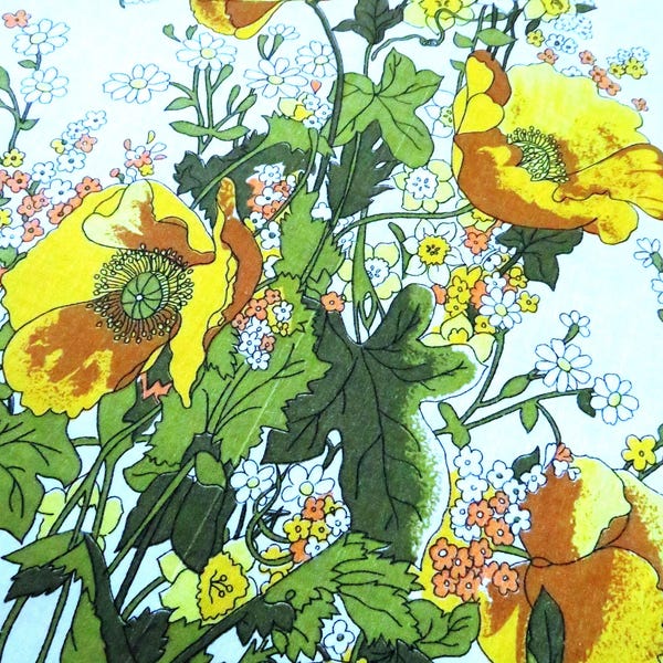 OVAL Floral Tablecloth - Yellow Orange Poppies Daffodils Daisies - Vintage 1960s Retro Mod Floral Table Linens - Summer Home Decor - Gift