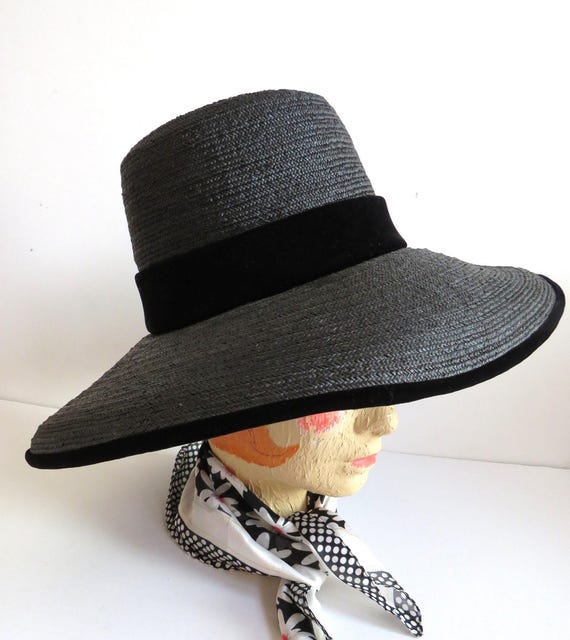 1960s Womens Black Straw Wide Brim Hat by Vera Whistler - Church Funeral Wedding Formal Raffia Formal Fashion Costume - Kentucky Derby