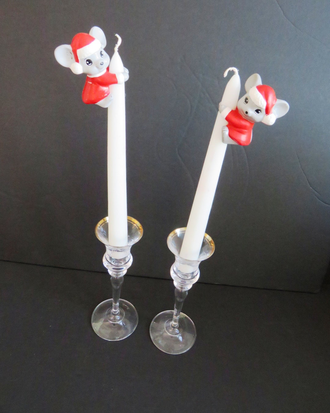 Vintage Christmas Candle Huggers Gray Santa Claus Mice Taper Climbers