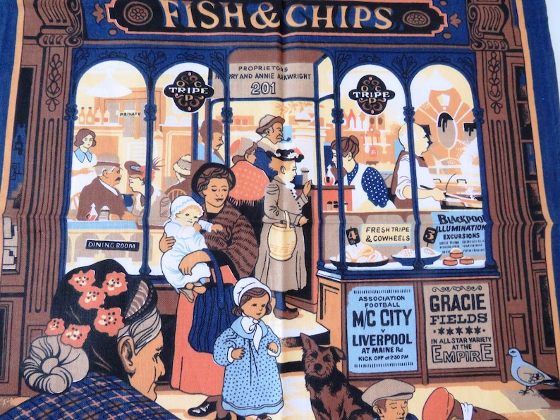 1980s Fish and Chips Kitchen Towel by Vista - Blue Fish Chips Pub Novelty Tea Dish Towel -  Souvenir of England - Kitchen Foodie Towel Gift 