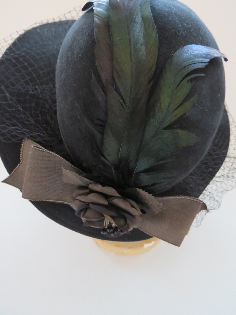 40’s Black Wide Brim Red Floral Hat by Sheila