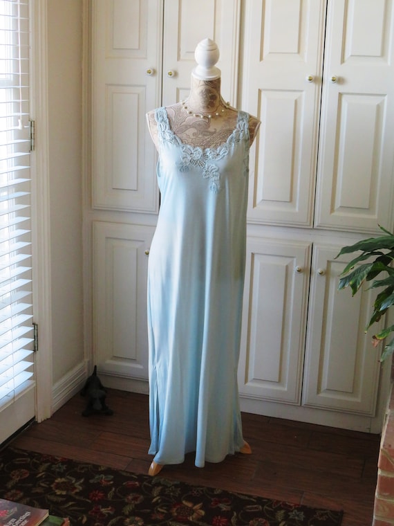 1990s Long Baby Blue Nightgown by Natori - Size M… - image 1