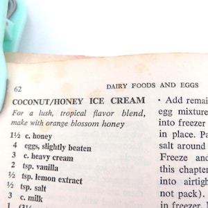 May include: A page from a cookbook titled Dairy Foods and Eggs, featuring a recipe for Coconut/Honey Ice Cream. The page is held by a light mint green plastic clip. The text lists ingredients including honey, eggs, heavy cream, vanilla, and milk.