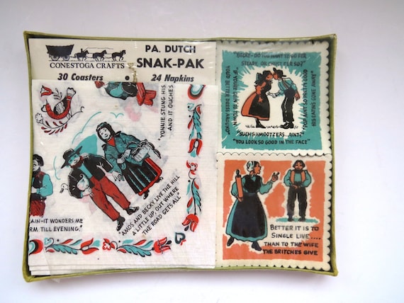 1960s Pennsylvania Dutch Paper Napkins Coasters Set - PA Dutch Snak Pak - Folk Art German Amish Dutch Graphics Sayings - NEW Unused - Gift