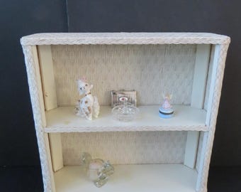 1960s Vintage White Wicker Rattan Shelf - Hanging Nursery Bathroom 2 Shelves Cabinet - Spice Rack - Shabby Chic Country Cottage Home Decor