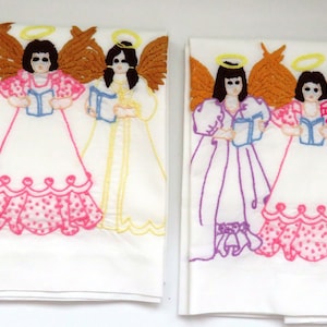 PAIR Vintage Angels Embroidered Pillowcases - Three Angels Hymn Books Heavenly Choir - Purple Pink Yellow Bronze - Vintage Bedding Linens