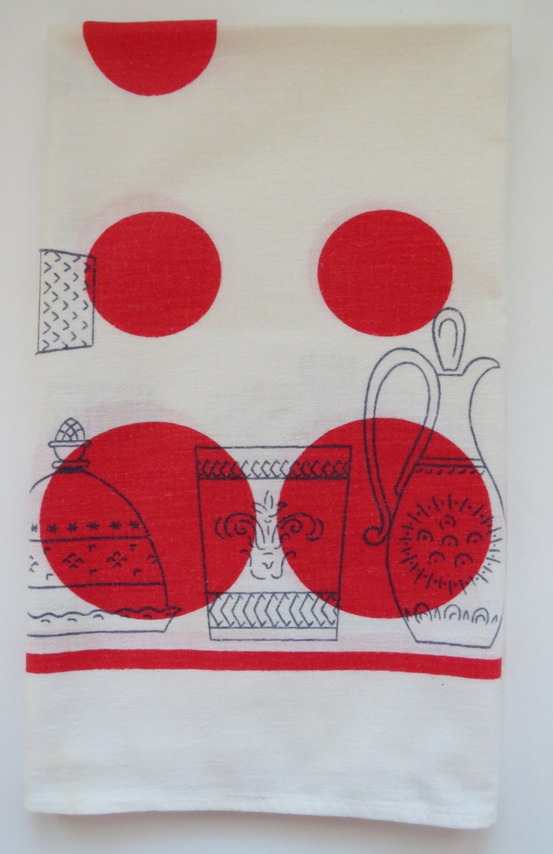 Retro Jumbo Dish Tea Towel 1950s Large Kitchen Towel Red Circles Dishes Cruet Holders Covered Bowls Small Table Cover Tablecloth MCM