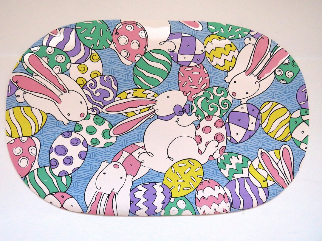 6 Vinyl Oval Easter Placemats Colored Easter Eggs Bunny Rabbits Bunny
