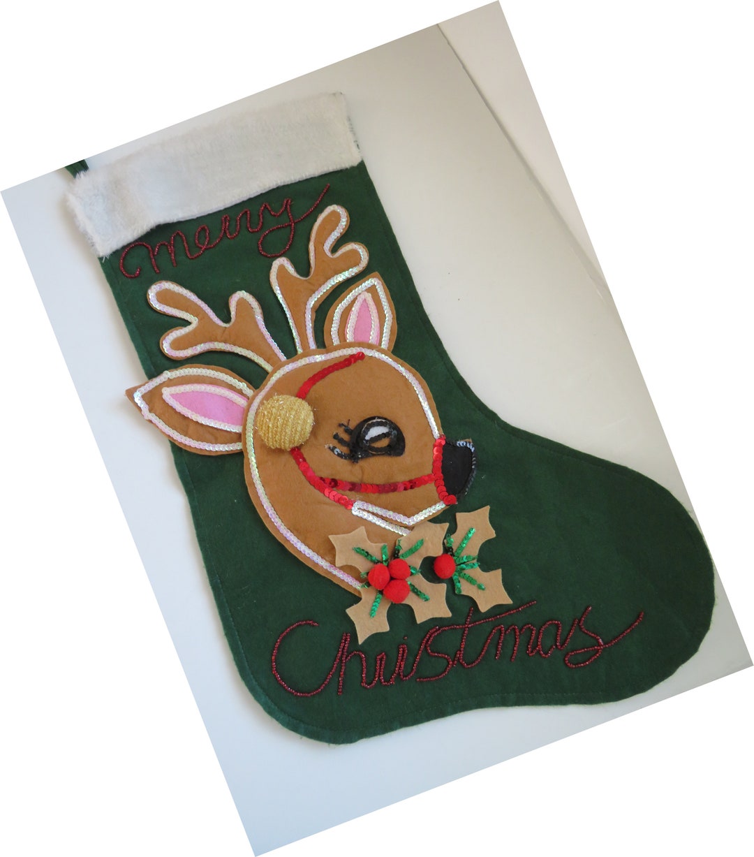 Vintage Big Felt Christmas Stocking by JCP 3D Padded Glitter Etsy