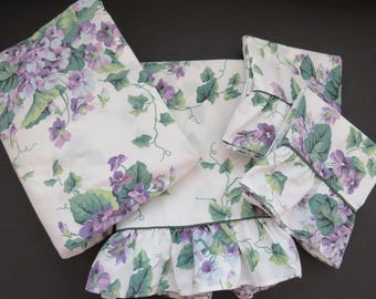 Parure de lit 4 pièces Waverly années 80 - Violettes douces - Drap plat et 2 taies d'oreiller - Décoration style cottage anglais