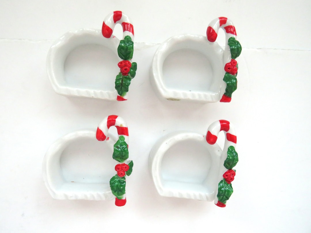 Vintage Christmas Candy Cane Napkin Rings Set of 4 Porcelain Napkin Holders Xmas Holiday Table