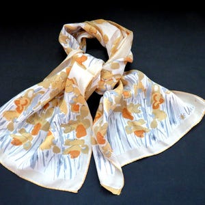 Écharpe longue Vera Neumann années 1950 à motif floral abstrait doré, beige, marron, bleu et gris - Accessoire de mode de créateur pour femme - Cadeau image 2