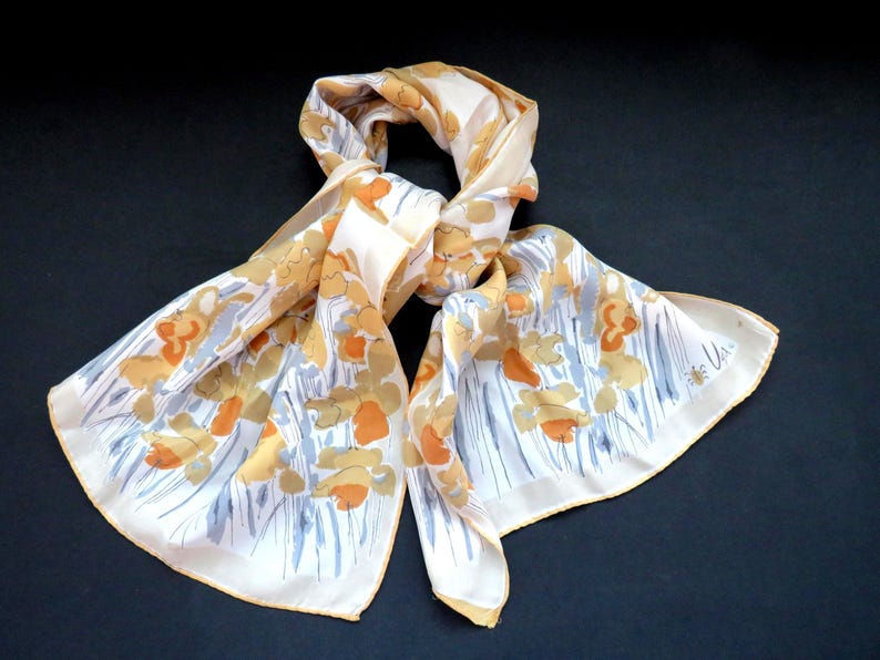 Écharpe longue Vera Neumann années 1950 à motif floral abstrait doré, beige, marron, bleu et gris - Accessoire de mode de créateur pour femme - Cadeau image 2