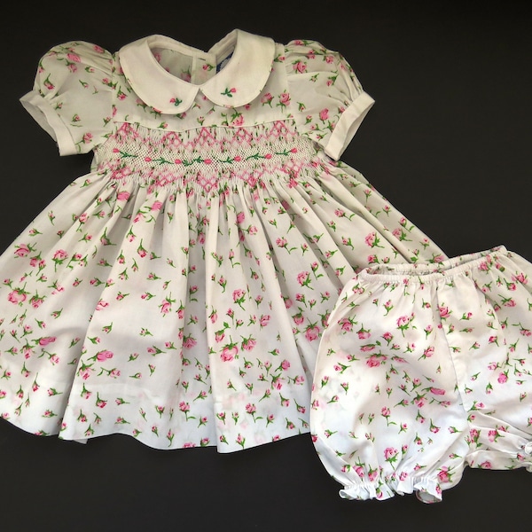 Size 6 Months Baby Girls Dress by Carriage Boutique - Pink Roses Dress and Bloomers - Hand Embroidered Smocked in Philippines - Shabby Chic