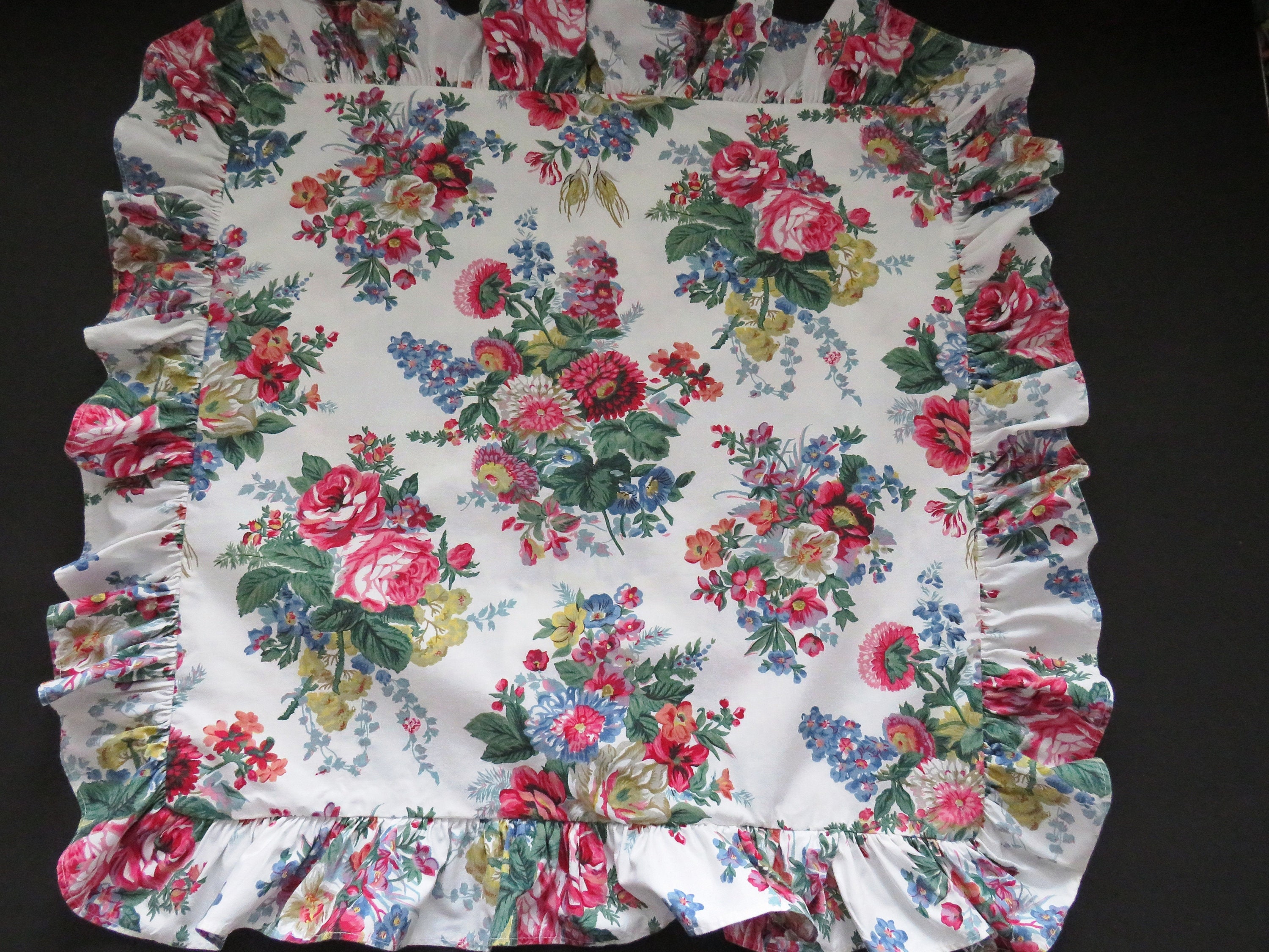 ONE Ralph Lauren Floral EURO Sham - Elaine - Pink Blue Tan Rust Flowers - Ruffled Hems - Shabby Chic Country Cottage Chic - Vintage Bedding