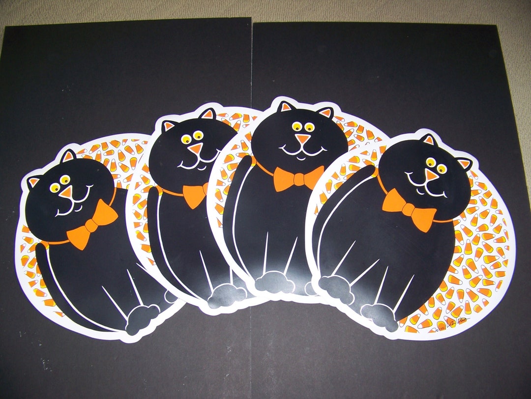 1991 Vintage Vinyl Halloween Placemats by Liz Wain Set of 4 Black Cat