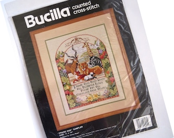 All Animals Praise God Craft Kit - Sampler Counted Cross Stitch Bucilla Craft Kit 40495 - New Complete Kit - 1990 DIY Needlework Kit - Gift