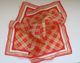 1970s Square Neck Scarf - Red Tan White Tartan Plaid Pattern - Retro Mod Scarf - Spring Summer Womens Fashions Accessories - Gift