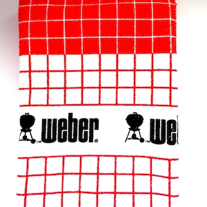 1990s Long Vintage Weber Terry Cloth Tablecloth - Red Black Kettle Grill - Picnic Outdoor Patio BBQ Linens - New - Gift image 1