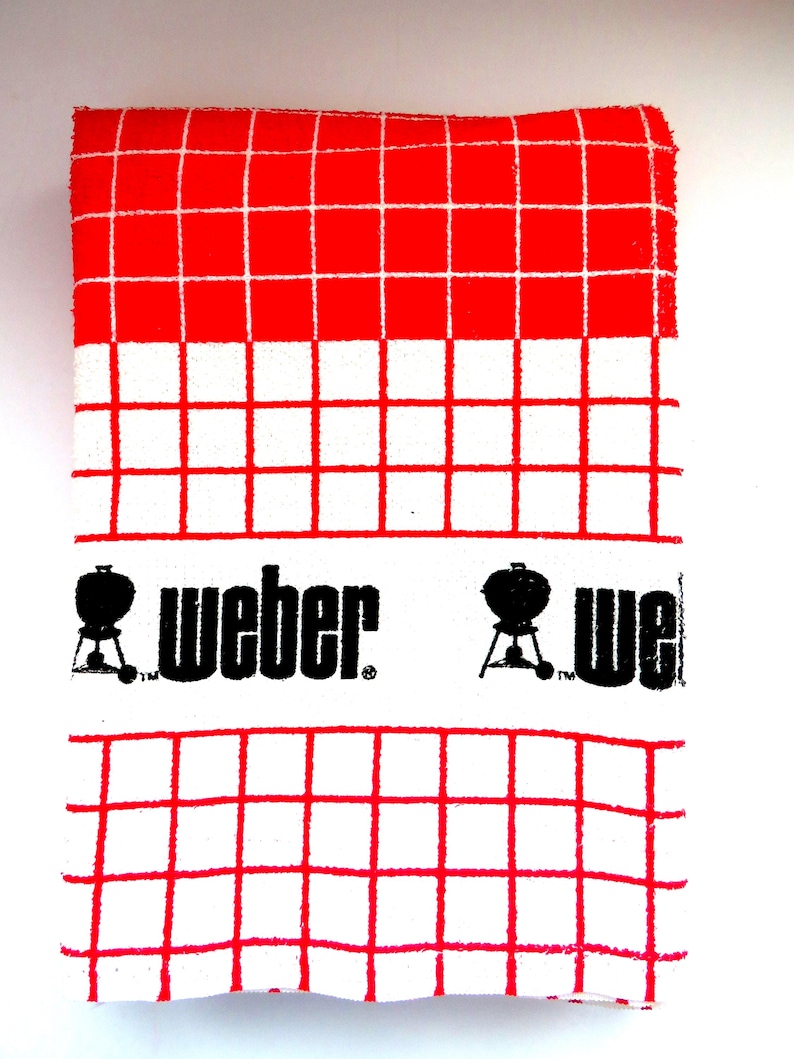 1990s Long Vintage Weber Terry Cloth Tablecloth - Red Black Kettle Grill - Picnic Outdoor Patio BBQ Linens - New - Gift image 1