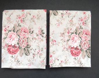 Pair KING Floral Pillowcases - Pink Rust Cabbage Roses on Beige - Shabby Chic Country Cottage French Country Bedding Linens - Gift