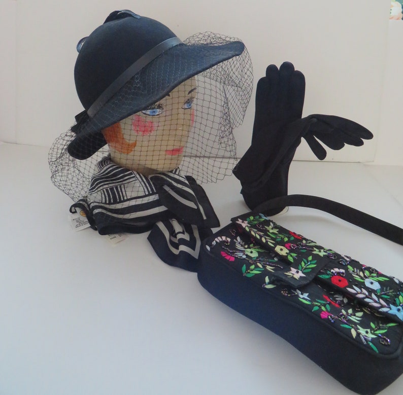 40’s Black Wide Brim Red Floral Hat by Sheila main image 1