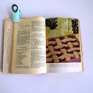 Puede incluir: Un libro de cocina vintage abierto en una receta para "Pressed No-Apple Pie". La receta incluye ingredientes como yemas de huevo, mantequilla, az&uacute;car y canela. La p&aacute;gina tambi&eacute;n presenta una foto de un pastel con una corteza de celos&iacute;a, una corteza marr&oacute;n y un relleno rojo oscuro.