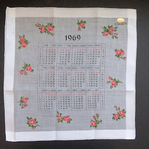 1969 Roses CALENDAR Handkerchief - English French Months Days of the Week - Pink Red Roses - Made in Switzerland - NEW with Tags - Gift