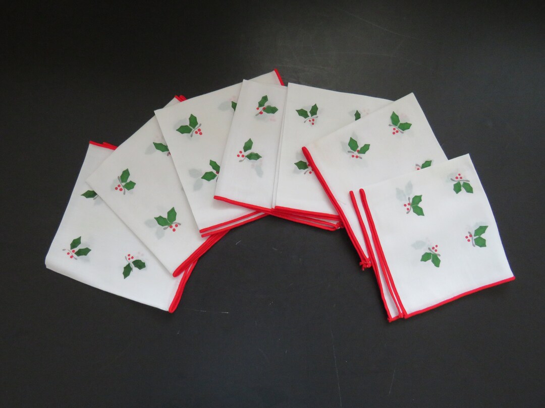 Vintage Christmas Cocktail Napkins Set of 7 White Cotton Holiday Linens