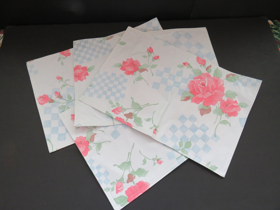 1980s Reversible Vinyl Floral Placemats Set of 4 Muted Pink Roses Blue