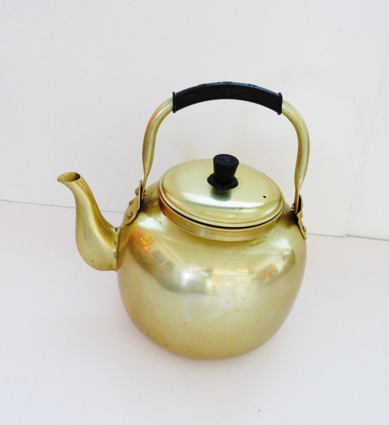Vintage Gold Toned Aluminum Tea Kettle with Lid Black Handle Etsy
