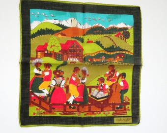 Pañuelo Fisba Stoffels de Suiza de la década de 1960 - Pañuelo de arte popular suizo - Pañuelo para fiestas y bailes - Coleccionable - Accesorios para mujer