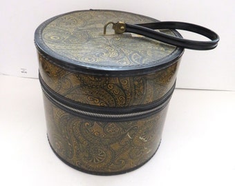 1960s Retro Wig Hat Case - Brown Black Paisley Zip Luggage - Hat Box Travel Case Wig Carrying Case - MCM - Zipper Storage Box - Prop