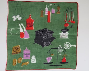 Pat Prichard Early American Colonial Country Kitchen Scene Handkerchief - Collectible Designer Hankie Hanky - Womens Accessories - Gift