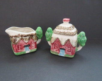 Vintage 3 Piece English Cottage Sugar and Creamer Set - Made in Japan - Cottage Ware - Ceramic Cottage Tree Handles - Country Cottage - Gift