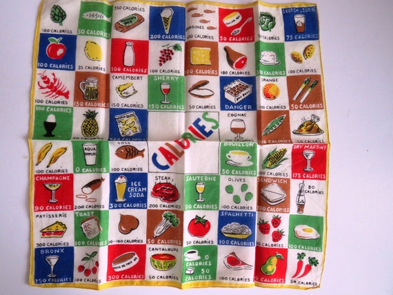 1960s Vintage Calories Handkerchief - 60 Colorful… - image 1